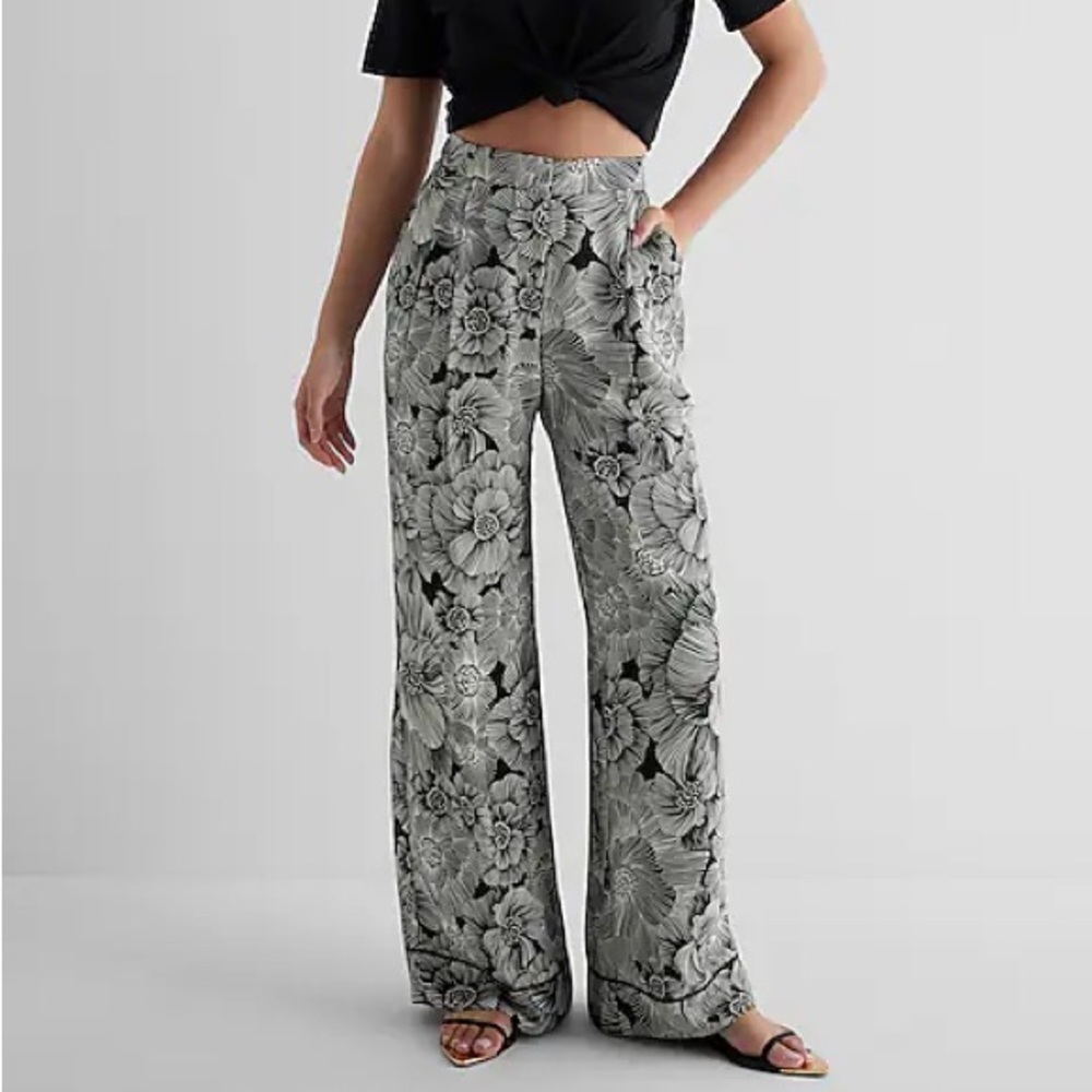 Express Black and White Floral Wide Leg Palazzo Pants